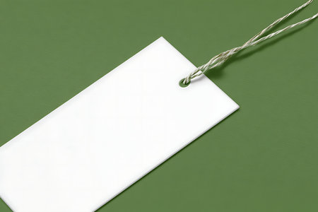 A blank label tag on a green background, perfect for crafting, labeling, or marketing purposes. Ideal for adding personal touches to gifts and projects.の写真素材
