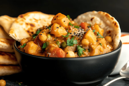 A vibrant vegetarian curry featuring chickpeas and fresh vegetables served in a black bowl, garnished with herbs, alongside warm naan bread. Perfect for a healthy meal.の写真素材