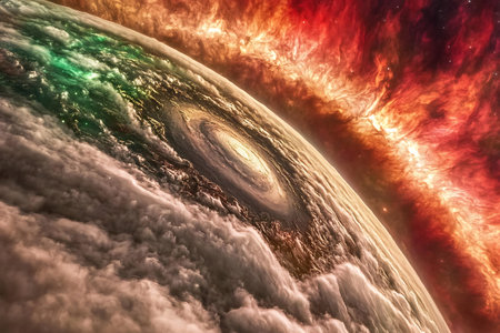 A captivating view of a swirling galaxy surrounded by vibrant clouds and a stunning nebula, evoking...