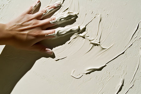 A close-up image showing a hand spreading textured paste on a smooth surface. The scene captures the creativity and manual effort involved in art or home renovation projects.の写真素材