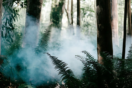 A serene forest scene featuring lush green ferns enveloped in a gentle mist. Sunlight filters through tall trees, creating a tranquil atmosphere perfect for nature lovers.の写真素材