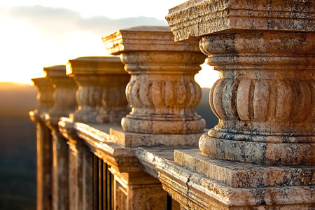 Captivating stone pillars bathed in the warm glow of sunset, showcasing intricate details and a scenic background, perfect for architecture-themed projects.の写真素材
