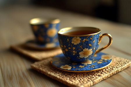 Two beautiful blue and gold tea cups rest on woven coasters atop a wooden table, creating a cozy and elegant setting perfect for afternoon gatherings or peaceful relaxation.の写真素材