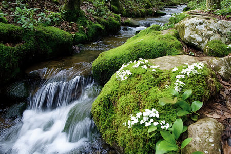 A serene stream gently flows over smooth rocks, framed by vibrant greenery and delicate wildflowers,...