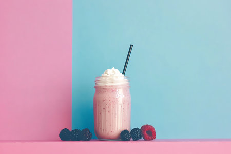 A delightful berry smoothie served in a mason jar, topped with whipped cream, set against a pink and blue backdrop. Perfect for summer refreshment.の写真素材