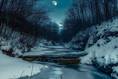A mesmerizing winter scene featuring a moonlit river winding through a snowy forest, capturing the...
