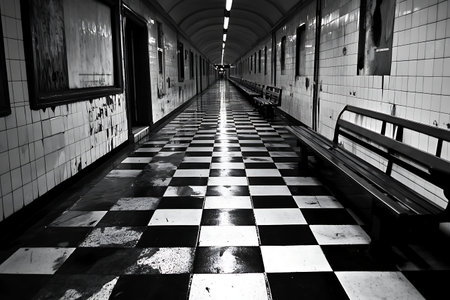 This image captures a narrow subway corridor featuring a striking black and white checkered floor. The abandoned atmosphere evokes feelings of solitude and decay.の写真素材
