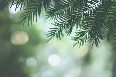 A closeup of green palm leaves softly illuminated by natural light, creating a calming and tranquil atmosphere perfect for nature-inspired designs.の写真素材