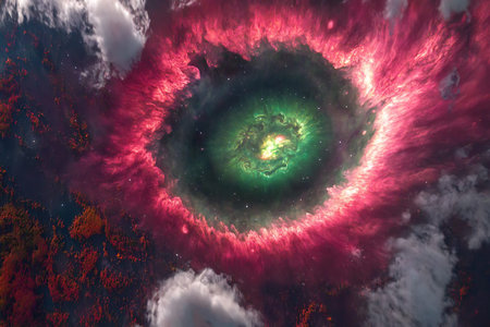 Discover a stunning cosmic nebula featuring vibrant colors and swirling patterns, depicting a...