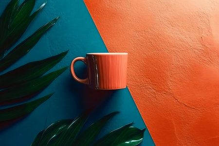 A vibrant coral coffee mug sits against a bold blue and orange background, complemented by lush green leaves. Perfect for modern decor.の写真素材
