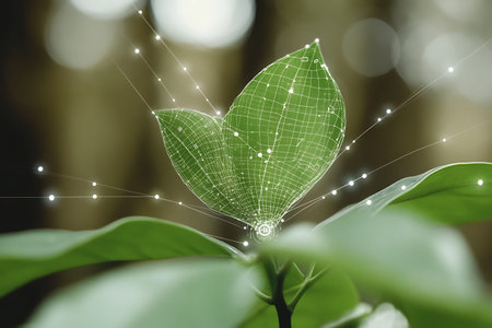 A close-up view of a fresh green leaf with a digital network overlay, depicting the connection...