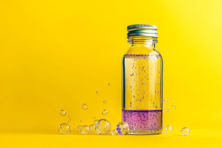 A clear glass bottle showcases a vibrant purple liquid with tiny bubbles, set against a bright yellow background, creating a refreshing and energetic atmosphere.の写真素材