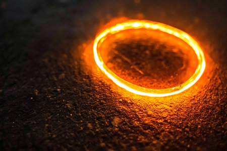 An enchanting orange glow forms a circular shape against a dark background, creating a captivating visual effect. Ideal for abstract design inspiration.の写真素材