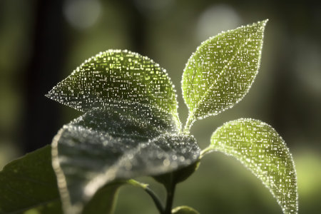 A close-up of sunlit leaves featuring dew drops that create unique patterns and textures, capturing...
