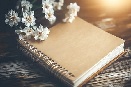 A serene scene featuring a blank notebook accompanied by delicate white flowers, set on a rustic wooden table. Ideal for creative and inspirational themes.の写真素材
