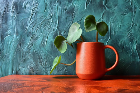 A vibrant houseplant in a terracotta pot showcases fresh green leaves against a textured teal backdrop, perfect for home decor inspiration and nature lovers.の写真素材