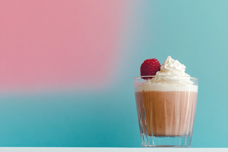 A delightful serving of chocolate mousse topped with light whipped cream and a fresh raspberry, set against a vibrant pastel backdrop. Perfect for dessert lovers!の写真素材