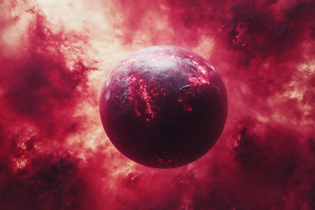 Explore a captivating red planet amidst vibrant cosmic clouds, evoking a sense of mystery and wonder in the vast universe. Perfect for science fiction themes.の写真素材