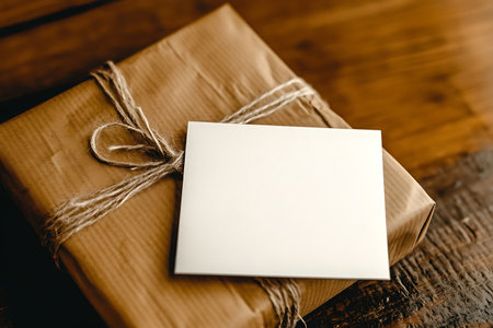 A beautifully wrapped gift box adorned with natural twine and a blank card, perfect for personal messages. Ideal for various occasions and celebrations.の写真素材