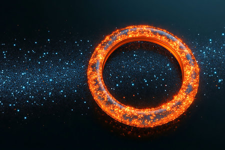 A vibrant orange glowing ring floats against a deep blue space backdrop filled with sparkling stars...