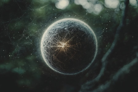 A captivating ethereal sphere surrounded by delicate webs glimmering in a mysterious forest ambiance. Perfect for evoking intrigue and wonder.の写真素材