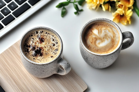 A cozy scene featuring two distinct coffee cups filled with rich beverages, placed on a wooden board...