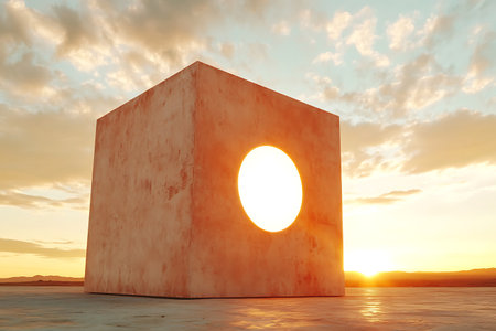 This captivating image features a geometric structure with a circular opening, illuminated by sunset light. The tranquil landscape invites contemplation and creativity.の写真素材