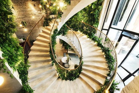This captivating interior features an elegant spiral staircase surrounded by vibrant greenery,...