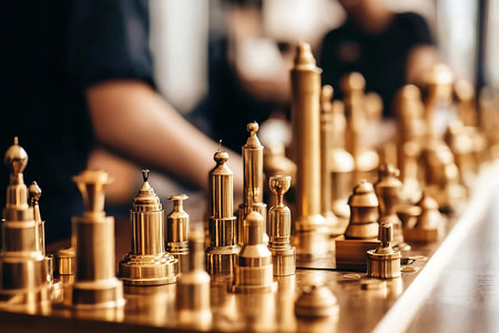 Discover a stunning collection of polished golden chess pieces artfully arranged, showcasing a blend...
