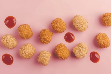 A visually appealing arrangement of crispy chicken bites paired with tangy sauce on a vibrant pink...