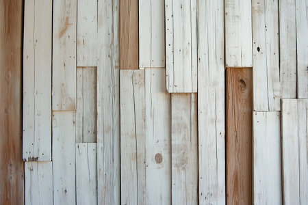 This image features a rustic wooden wall composed of planks in various shades of white and brown, showcasing unique textures and patterns perfect for backgrounds or decor.の写真素材