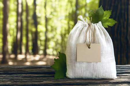 A simple fabric bag with a blank tag rests on a rustic wooden table, surrounded by lush greenery in...