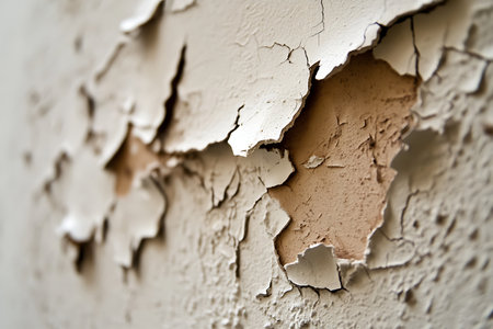 This image captures the intricate details of cracked and peeling paint on a wall. The visible texture and color layers reveal the natural wear and age, creating an artistic visual.の写真素材