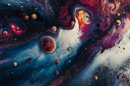 A stunning abstract representation of cosmic space featuring swirling colors, vibrant planets, and...