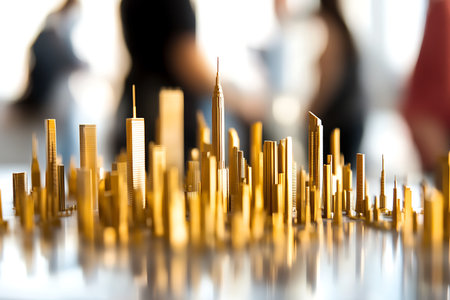 A stunning gold city skyline model elegantly displayed, featuring sharp architectural details and a beautiful blurred background of people, representing urban life and creativity.の写真素材