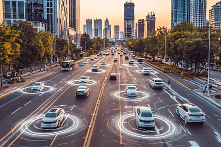 A vibrant city street filled with modern vehicles uses smart technology for enhanced traffic management, showcasing an innovative urban landscape at sunset.の写真素材
