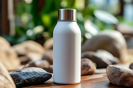 A sleek white stainless steel water bottle stands elegantly among smooth natural stones on a wooden surface, perfect for outdoor adventures or stylish hydration.の写真素材