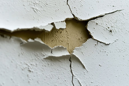 A detailed close-up of a cracked wall surface reveals the exposed interior layer beneath the damaged paint, showcasing intriguing textures and flaws.の写真素材