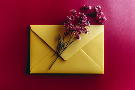 A vivid yellow envelope adorned with delicate pink flowers rests on a striking red background, perfect for creative projects, invitations, and personal messages.の写真素材