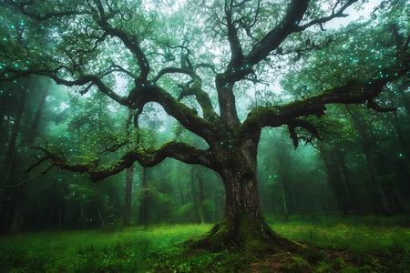 A majestic tree stands alone in a misty forest, radiating an enchanting aura with glowing lights. The lush greenery creates a serene atmosphere, inviting tranquility.の写真素材