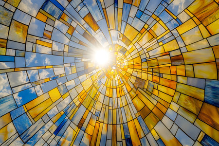 A stunning view of sunlight radiating through a spiral stained glass window, creating a vibrant...