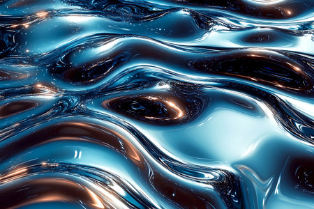 This mesmerizing abstract image features fluid waves in shades of blue and silver, showcasing smooth textures and reflective surfaces. Perfect for modern design projects.の写真素材