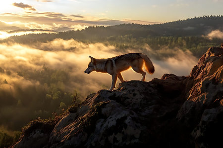 A stunning silhouette of a wolf standing on a rocky ledge at sunrise, overlooking a misty mountain...