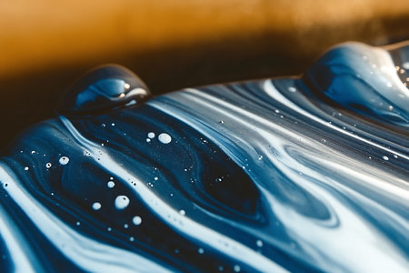 This image showcases an abstract close-up of blue and white fluid art. The smooth surface features playful bubbles and intricate swirls, creating a calming visual experience.の写真素材