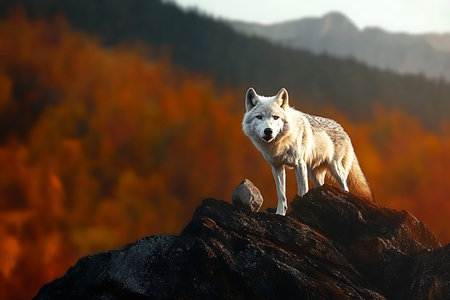 A beautiful arctic wolf stands proudly on a rock, gazing into the distance. The backdrop features a vibrant autumn landscape with mountains, showcasing nature's stunning colors.の写真素材