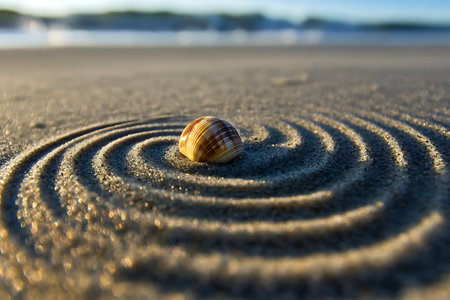 A captivating closeup of a beautifully patterned shell resting on sandy beach, surrounded by delicate spiral patterns, capturing the essence of tranquility and natural beauty.の写真素材