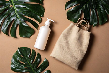 A serene flat lay composition featuring a minimalist beauty product and a natural bag among lush green leaves, ideal for wellness and skincare promotion.の写真素材