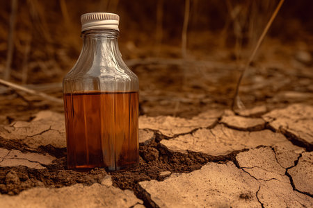 A glass bottle filled with brown liquid rests on dry, cracked soil, symbolizing drought and environmental challenges. The stark landscape highlights issues of scarcity and climate change.の写真素材