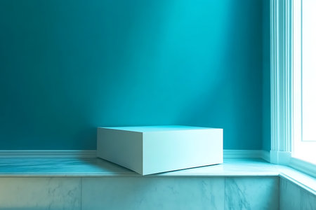 A minimalist presentation space features a white cube resting on a marble surface against a vibrant teal wall, creating a serene and modern atmosphere ideal for showcasing products or art.の写真素材