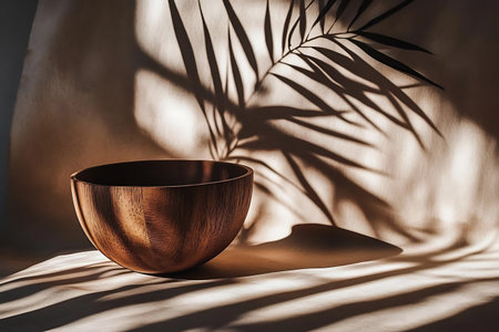 A beautifully crafted wooden bowl rests on a neutral background, casting intricate shadows from a palm leaf overhead, creating a serene ambiance.の写真素材